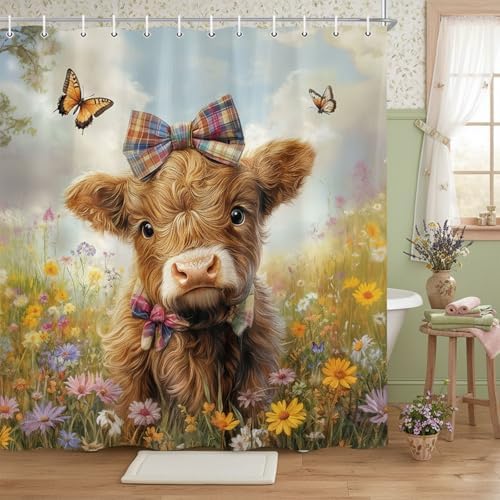 Cow Shower Curtain, Farmhouse Rustic Floral Funny Cute Highland Cow Shower Curtains, Western Cattle Bull Animal Wildflower Country Farm Animal Bathroom Decor, Surreal Bathroom Curtain, 70x75 inch