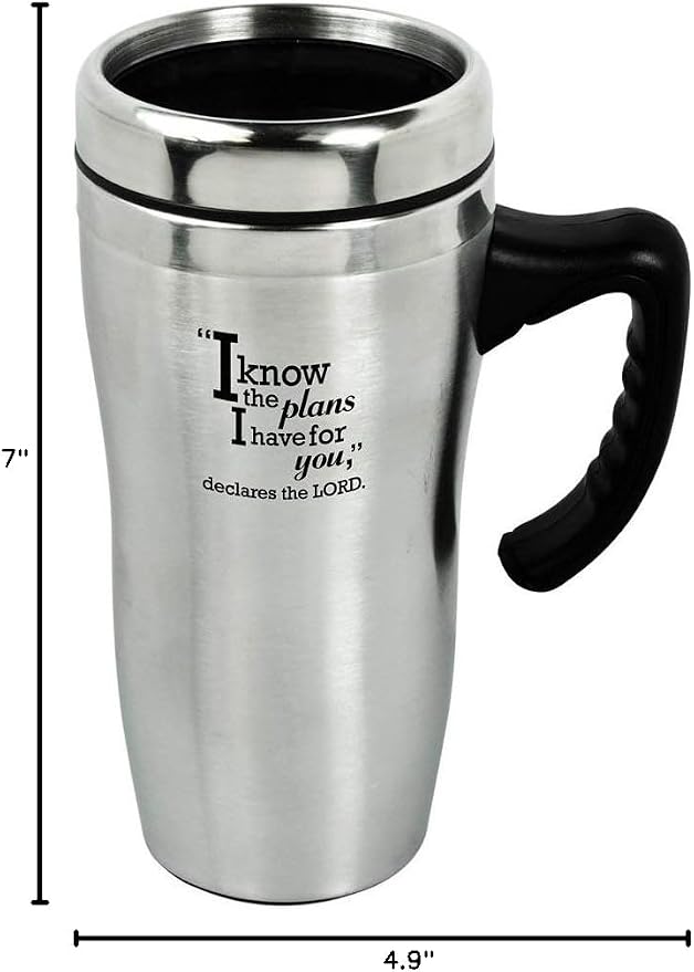 Christian Art Gifts Stainless Steel Double-Wall Vacuum Insulated Travel Mug 16 oz Tumbler and Coffee Cup with Lid and Handle BPA and Lead-free Eco-Friendly Mug - I know The Plans - Jeremiah 29:11