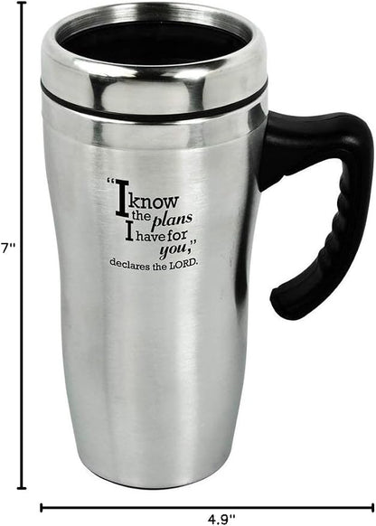 Christian Art Gifts Stainless Steel Double-Wall Vacuum Insulated Travel Mug 16 oz Tumbler and Coffee Cup with Lid and Handle BPA and Lead-free Eco-Friendly Mug - I know The Plans - Jeremiah 29:11