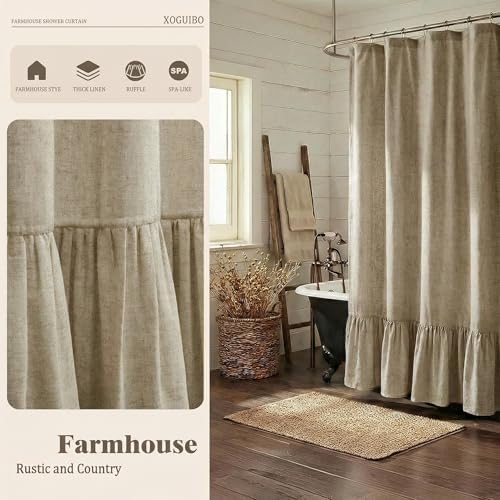 Farmhouse Shower Curtain Ruffle Linen Flax Khaki 72" W x 72" L