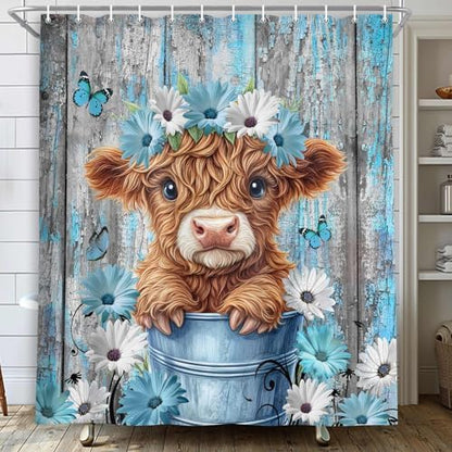 Rustic Farmhouse Shower Curtain, Farm Teal Daisy Floral Flowers and Butterfly on Country Wooden Shower Curtain for Bathroom, Country Blue Daisy Cute Highland Cow Curtain with 12PCS Hooks 54X72in