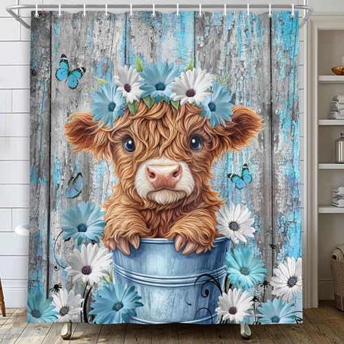 Rustic Farmhouse Shower Curtain, Farm Teal Daisy Floral Flowers and Butterfly on Country Wooden Shower Curtain for Bathroom, Country Blue Daisy Cute Highland Cow Curtain with 12PCS Hooks 47X64in