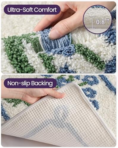 DEXI Floral Bathroom Rugs 36x24, Vintage Blue Bouquet Bath Mat Non Slip