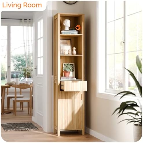 VINGLI Narrow Fluted Bathroom Floor Skinny Storage Cabinet with 1 Fluted Door&Drawer,68" Tall Narrow12 Inch Deep Slim Bathroom Storage Cabinet for Small Space w/3 Adjustable Shelves,Natural Oak Color