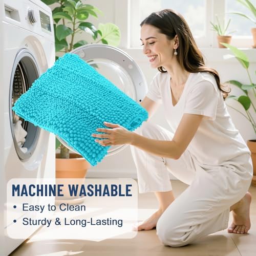 Grandaily Chenille Striped Bathroom Rugs 24x16, Extra Thick and Soft Absorbent Bath Mats, Rubber Backing, Plush Shaggy Shower Carpet, Machine Wash Dry, Bath Rug for Bathroom, Aqua Sky