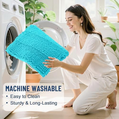Grandaily Chenille Striped Bathroom Rugs 24x16, Extra Thick and Soft Absorbent Bath Mats, Rubber Backing, Plush Shaggy Shower Carpet, Machine Wash Dry, Bath Rug for Bathroom, Aqua Sky