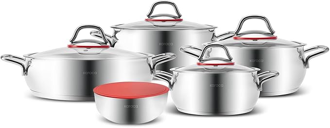 KARACA Stainless Steel Cookware Emirgan XL Set of 10 Piece, Pot, Deep Pot, Casserole, Container with Lid, Easy to Use Stylish Handles, Heat Resistant Cover, Essential Kitchen Accessory