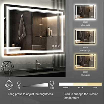 Lighted Bathroom Mirror, 40x30 Inch Gradient Front and Backlit LED Bathroom Mirror, 3 Colors Dimmable CRI>90 Double Lights, Enhanced Anti-Fog, Hanging Plates Wall Mount LED Mirror