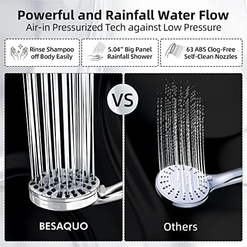BESAQUO 9 Functions High Pressure Shower Head with Handheld,Built-in Pause Mode&Power Wash,Non-Clogging Nozzles,6ft Hose&Bracket