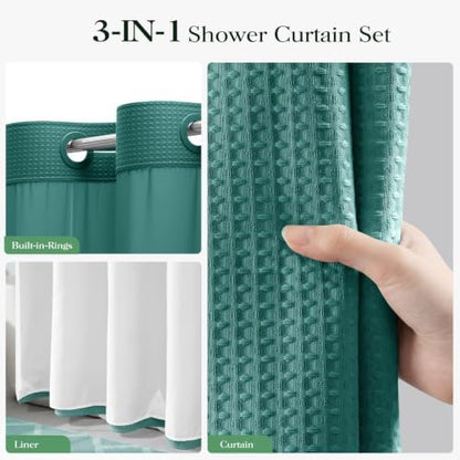 Dynamene Seaweed Green Hook Free Waffle Shower Curtain & Snap Liner,72x99