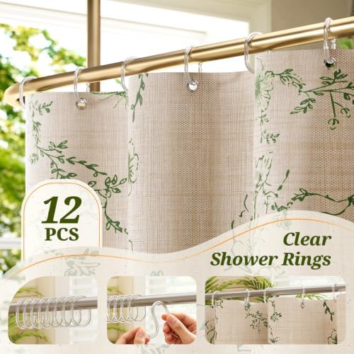 Vintage Green Floral Shower Curtain with 12 Clear Rings - 72" W x 84" L