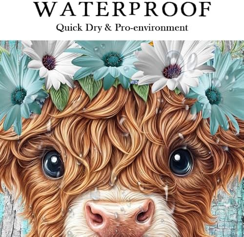 Funny Highland Cow Shower Curtain for Bathroom Decor, Teal Farm Teal Daisy Floral Flowers and Butterfly on Country Wooden Farmhouse Bath Curtain Country Animal Flower Waterproof 12 Hooks 47X64in