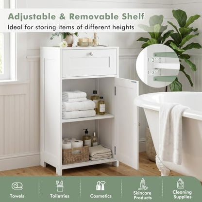 GIANTEX Floor Bathroom Storage Cabinet with Door and Drawer (White)