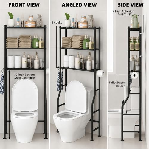 GloTika 3-Tier Over Toilet Storage, Anti-Tilt, 64" H, Black