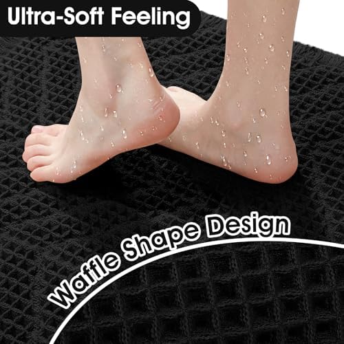 Upgraded Waffle Bath Mat, 36"x24" Black-Herringbone, Super Absorbent Non-Slip Quick Dry Bathroom Rugs with Tassels, Machine Washable Ultra Soft Boho Bath Rugs, Toilet Mats Boho Farmhouse Decor