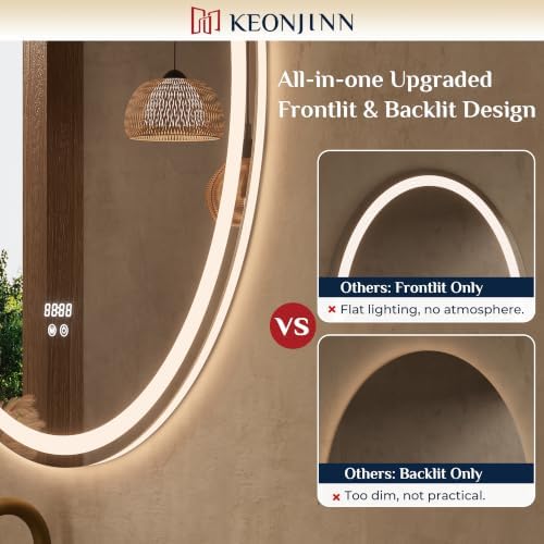 Keonjinn 40 x 30 Inch Oval LED Bathroom Mirror with Frontlit and Backlit