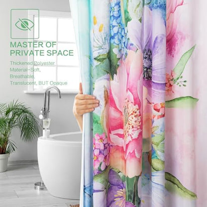 Floral Shower Curtain, Watercolor Flowers Shower Curtain Summer Blooming Flowers Painting Shower Curtain Sets Waterproof Polyester Fabric Machine Washable Home Farmhouse Decor Bath Curtain