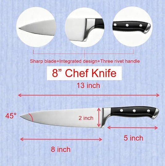 Classic 8 Inch High Carbon Steel Chef Knife, Triple Rivet Kitchen Knives with Ergonomic Handle, Ultra Sharp Cooking Knife for Meat, Vegetable and Fruit
