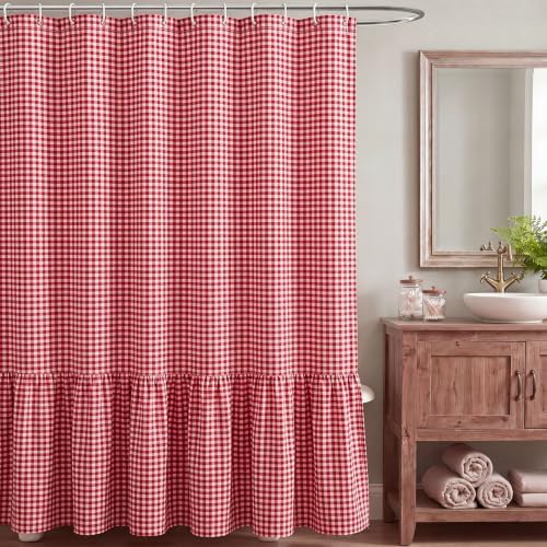 HunnmingRe Ruffle Hem Gingham Shower Curtain Red
