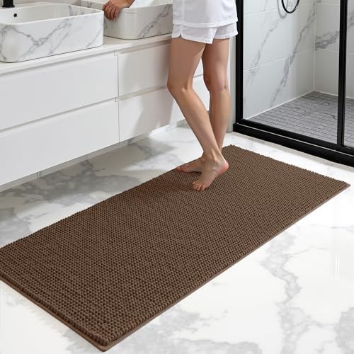 SUBRTEX Bathroom Rugs, 24" x 44" Chenille Bath Rug Soft Short Plush Bath Mat Soft Shower Mat Water Absorbent Shower Mat Quick Dry Machine Washable, Chocolate