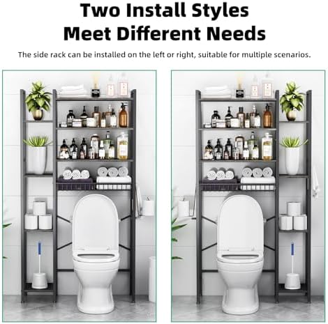 Kalrin 8-Tier Over The Toilet Storage with Side Rack, Over Toilet Storage Rack with Adjustable Shelf & Drain Basket, Freestanding Bathroom Organizer for Balcony, Laundry (Modern Grey)