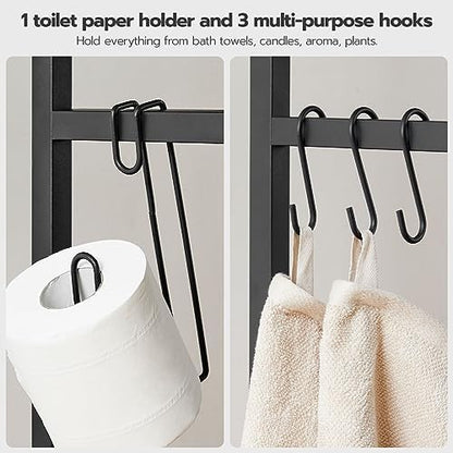 HOOBRO Over The Toilet Storage, 2-Tier freestanding Over the Toilet Storage, Bathroom Organizer Over Toilet with Toilet Paper Holder and Hooks, Space Saver for Room, Rustic Brown and Black BF49TS01