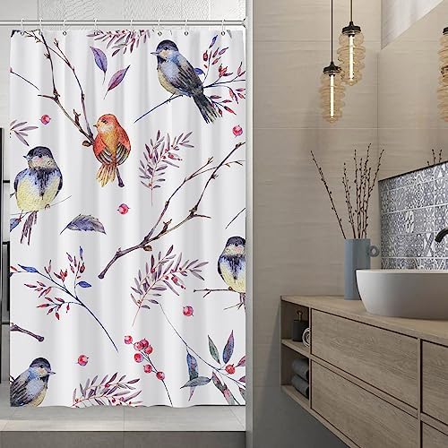 AWERT Cheery Birds on Tree Branch Shower Curtain for Bathroom Bird Shower Curtain with Hooks Colorful Waterproof Fabric Bathroom Accessories Bathtub Decor 72x84inch