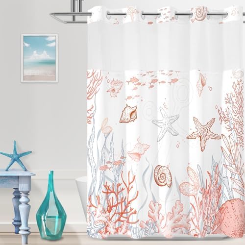 No Hook Shower Curtain and Liner Set, Coral Beach Coastal 71x74