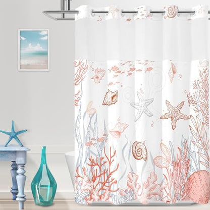 No Hook Shower Curtain and Liner Set, Coral Beach Coastal 71x74