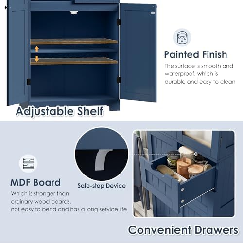 BOTLOG 67'' Tall Bathroom Storage Cabinet, Linen Cabinet with Glass Doors and Adjustable Shelves, Kitchen Pantry with 2 Drawers for Bathroom, Living Room, Dining Room, Blue
