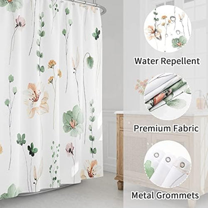 Gibelle Sage Green Beige Watercolor Floral Fabric Shower Curtain, 108x72