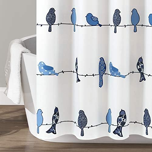 Lush Decor Rowley Birds Shower Curtain, 72” W x 72” L, Navy - Colorful Floral Bird Pattern - Whimsical & Playful Bird Shower Curtain - Farmhouse, Coastal, & Boho Bathroom Decor