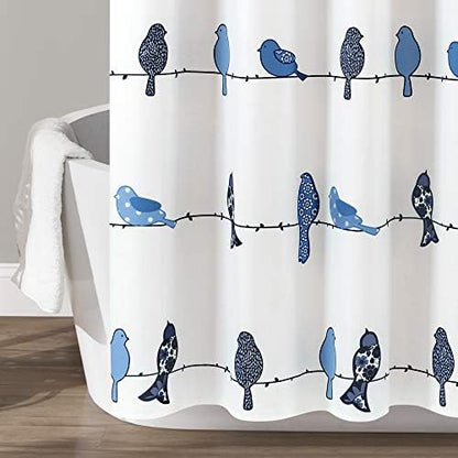 Lush Decor Rowley Birds Shower Curtain, 72” W x 72” L, Navy - Colorful Floral Bird Pattern - Whimsical & Playful Bird Shower Curtain - Farmhouse, Coastal, & Boho Bathroom Decor