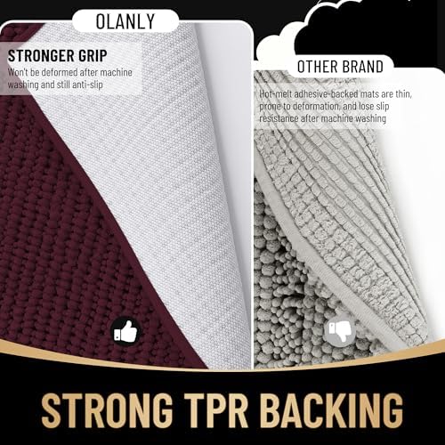 OLANLY Thick Chenille Bathroom Runner Rugs Mats 44x24, Black Cherry