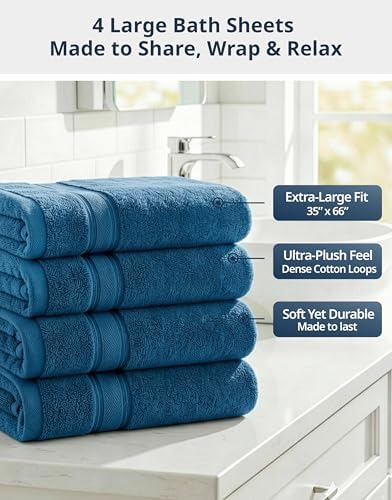 LANE LINEN Bath Sheet Set 4 Pack Oversized Soft Absorbent - Sea Port