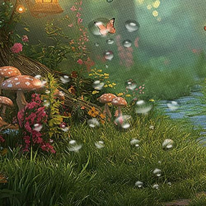 Fantasy Forest Path Shower Curtain Fairy Magical Enchanted Misty Jungle Mushroom Floral Tree Butterfly Lantern Wonderland Plant Bath Curtain Fabric Bathroom Accessories Decor with Hooks 90W x70L