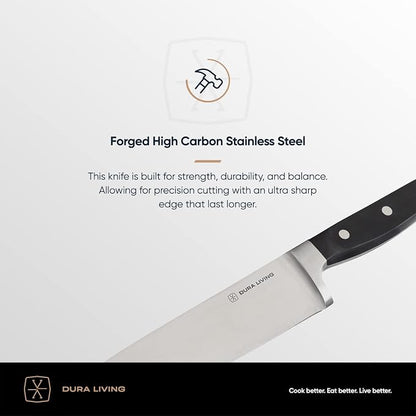 DURA LIVING Premium 4-Piece Steak Knife Set – Sharp Serrated Blades, Forged High Carbon Stainless Steel, Full Tang, Ergonomic Handle, Black – Perfect for Dining