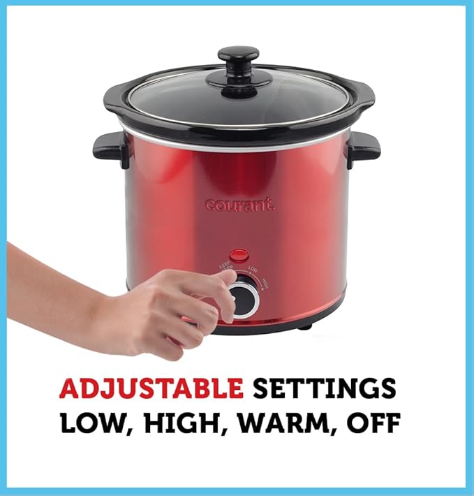 Courant 3.2 Quart Slow Cooker - Red, Removable Ceramic Insert & Glass Lid With Three Temperature Settings