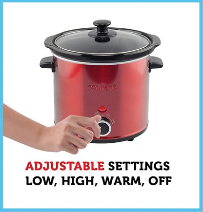 Courant 3.2 Quart Slow Cooker - Red, Removable Ceramic Insert & Glass Lid With Three Temperature Settings