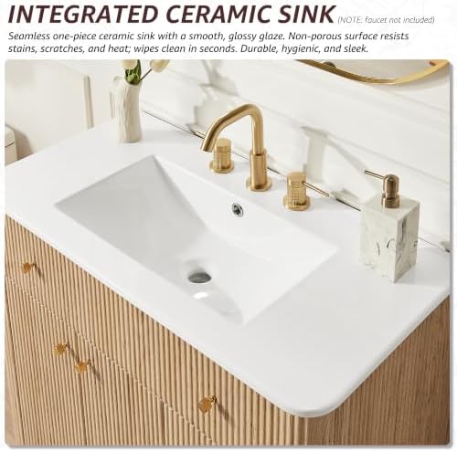T4TREAM 36" Fluted Bathroom Vanity with Single Sink, Natural Oak