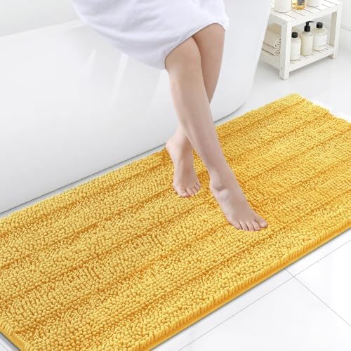 Grandaily Chenille Striped Bathroom Rugs 59x24, Extra Thick and Soft Absorbent Bath Mats, Rubber Backing, Plush Shaggy Shower Carpet, Machine Wash Dry, Bath Rug for Bathroom, Light Yellow