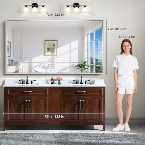 CIRCUMI 72"x40" Brushed Silver Bathroom Mirror, Double Sink Vanity Mirror
