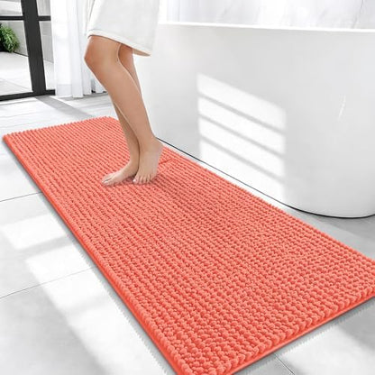 OLANLY Thick Chenille Bathroom Runner Rugs 47x20, Absorbent Bath Mat, Coral