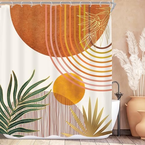 Mid Century Orange Boho Abstract Modern S Bathroom Shower Curtain Set