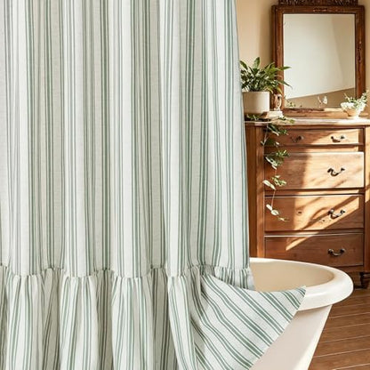 ORTIGIA Linen Textured Ruffle Shower Curtain 72x72 Inch with Metal Hooks, Vintage Cream-Green Waterproof Bath Curtain for Rustic Farmhouse Bathroom Decor