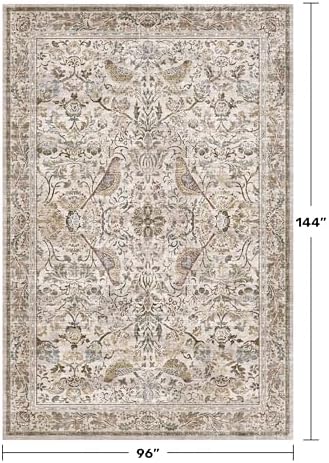 Vintage 8x12 Area Rugs for Living Room - Moss Green Soft Floral Rug for Bedroom, Dining Room, Washable Moss Bird Carpet, Non-Slip Stain Resistant Low Pile