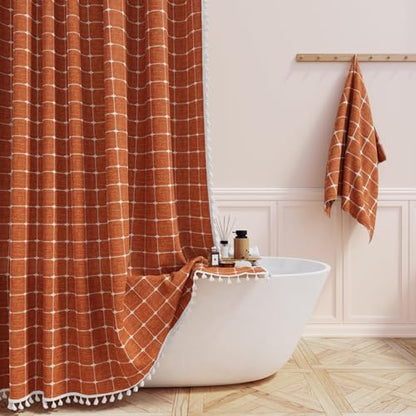 BTTN 54x78 Boho Farmhouse Linen Heavy Duty Shower Curtain Set, Burnt Orange