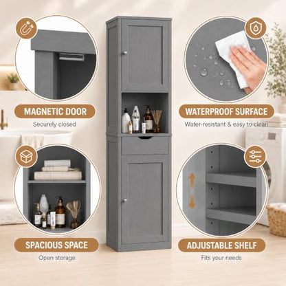 Walsunny Tall Bathroom Storage Cabinet with 6 Adjustable Shelves, Gray