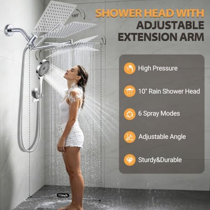Shower Head,10”Rain Shower Head with Handheld Spray Combo with 11'' Angle Adjustable Extension Arm/Flow Regulator/Shower System,High Pressure Rainfall Shower Head Clean Bathroom,Matt Black
