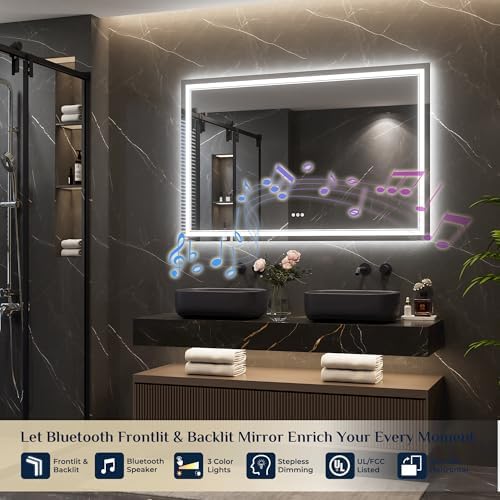 Keonjinn 55 x 36 Inch LED Bathroom Mirror with Lights, Bluetooth Speaker